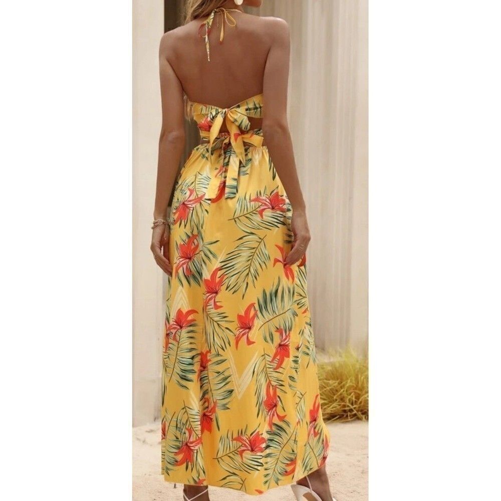 Women's Tropical Print Backless Knot Halter Neck Slit Thigh Dress Size S - Picture 7 of 8